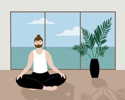 A man does yoga, meditation, does exercises in a room with a houseplant. Calm character sits on the floor against the backdrop of the seascape outside the window.Cartoon vector illustration