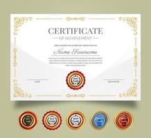 certificado de apreciación y logro modelo. limpiar moderno certificado con oro insignias diploma premio diseño para negocio y educación necesidades. vector