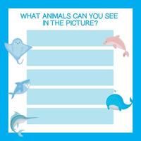 What sea animals can you see in the picture worksheet. Cute printable template. Preschool Education. Vector illustration.