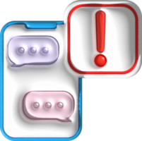 illustration 3D , cell phone chat message with caution alert symbol png