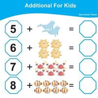 contar y escribir juntos hoja de cálculo. educativo imprimible matemáticas hoja de cálculo. matemáticas juego para niños. adicional matemáticas hoja de cálculo. vector ilustración.