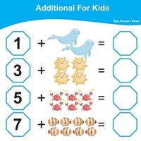 contar y escribir juntos hoja de cálculo. educativo imprimible matemáticas hoja de cálculo. matemáticas juego para niños. adicional matemáticas hoja de cálculo. vector ilustración.