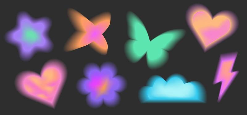 Y2k blurred gradient unfocused set. Abstract neon geometric shapes in trendy retro style. Heart, flower, daisy, butterfly, star, moon