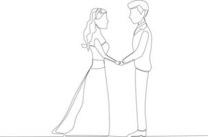 A pair and groom holding hands while looking at each other vector