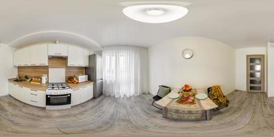 lleno sin costura esférico hdri 360 panorama ver en interior de blanco cocina en moderno plano apartamentos en equirrectangular proyección, vr contenido foto