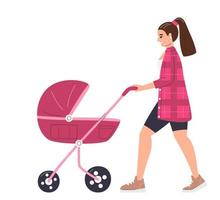 joven mamá con bebé carro en al aire libre actividad. niñera personaje caminando con infantil paseante. maternidad salir concepto para de la madre día día festivo. contento maternidad mano dibujado plano vector ilustración