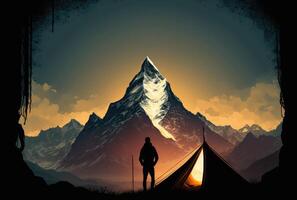 Man with tourist backpack, tent and mountains abstract flat background. photo