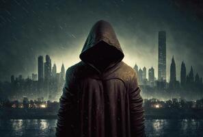 Hooded figure on rainy city landscape. photo