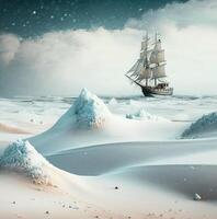 Sailing ship in the winter snowy sea. photo