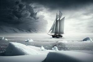 Sailboat in the winter snowy sea. photo