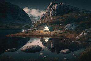 Night mountain landscape with illuminated tent. photo