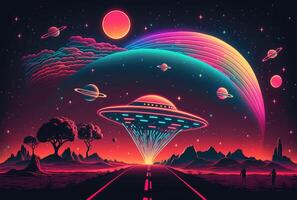 Retro neon landscape with UFO. photo