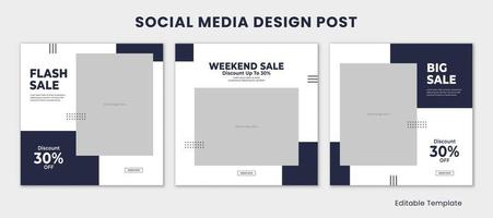 Set of 3 Editable Template Social Media Design Post with Rectangle Frame and Blue Navy Color Theme. Suitable for Post, Sale Banner, Promotion, Ads, Advertising, Fashion, Beauty, Food, ETC vector
