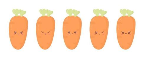 Cute carrot in pastel color. Vector collection of kawaii emoji with different face emotions