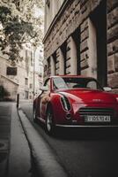 A beautiful red vehicle on road photo