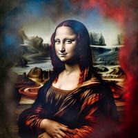 hermosa mona Lisa pintura en fumar rojo y azul generativo ai foto