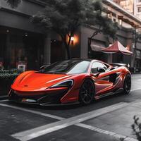 un moderno súper hermosa rojo coche en el la carretera generativo ai foto