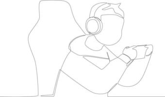 A boy playing online games using a headset and cellphone vector