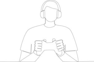 A young man uses a headset and play station to playing games vector