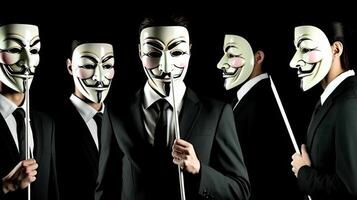 cinco anónimo hackers en negro traje generativo ai foto