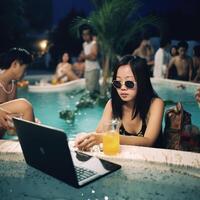 un hotel junto a la piscina fiesta escena chino niña trabajando generativo ai foto