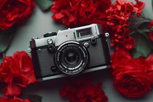 hermosa cámara con rojo flores generativo ai foto