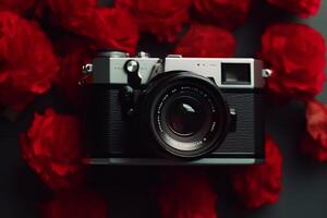 cámara con hermosa rojo flores generativo ai foto