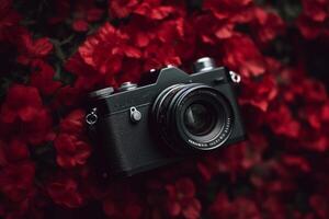 Beautiful camera with red flowers photo