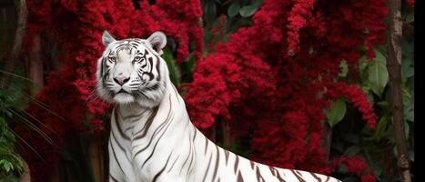 Amazing white tiger sitting with red flowers tree photo