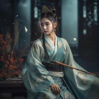 hermosa joven chino hada usa maravilloso hanfu generativo ai foto