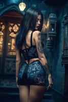 lower back tattoo stockings miniskirt image photo