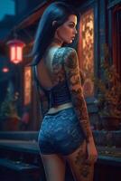 image of girl lower back tattoo stockings miniskirt photo