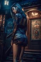 lower back tattoo stockings miniskirt full body image photo