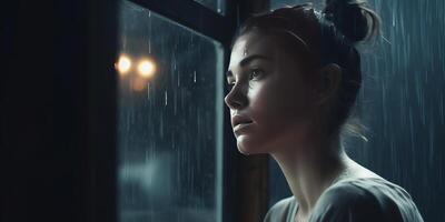 A beautiful girl taking shelter from rain photo