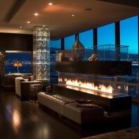 A custom fireplace wall of glass wall house photo