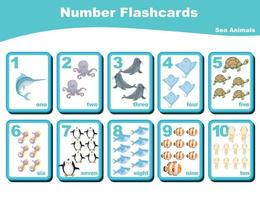 Cute number flashcards with sea animals set. English counting one to ten. Worksheet for learning English. Educational activity for preschool kids. Vector illustration.