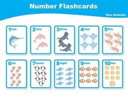 Cute number flashcards with sea animals set. English counting one to ten. Worksheet for learning English. Educational activity for preschool kids. Vector illustration.