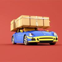 3D render of a sports blue car with boxes photo