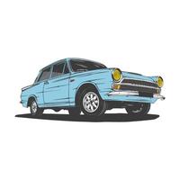 vintage blue car illustration vector line art