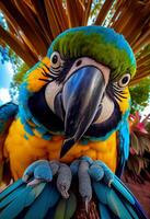 Highly defined macro photography selfie of a cute macaw photo