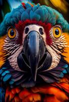Close up face image of a cute macaw generative AI photo