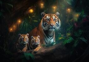 retrato de Tigre familia sentado juntos generativo ai foto