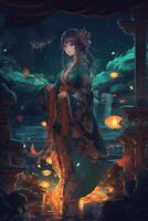 A beautiful anime girl in bio luminescent art work photo