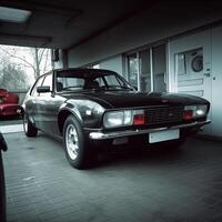 sports car in garage documentary style photo