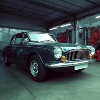 big sports car in garage documentary style photo