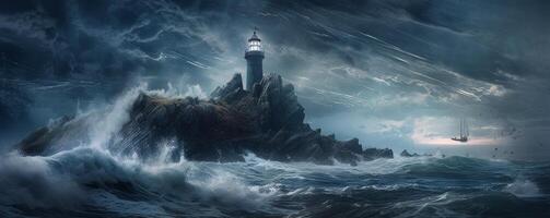 image of surreal lighthouse ocean waves storm photo