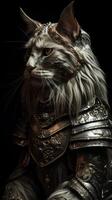 kneeling mainecoon knight split screen portrait on black background photo