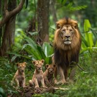 family of lion with a brown-maned adult lion generative AI photo
