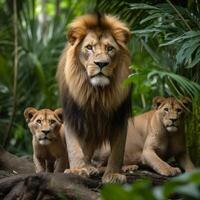 image of family of lion in forest generative AI photo