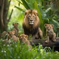 Family of lion with one adult lion photo